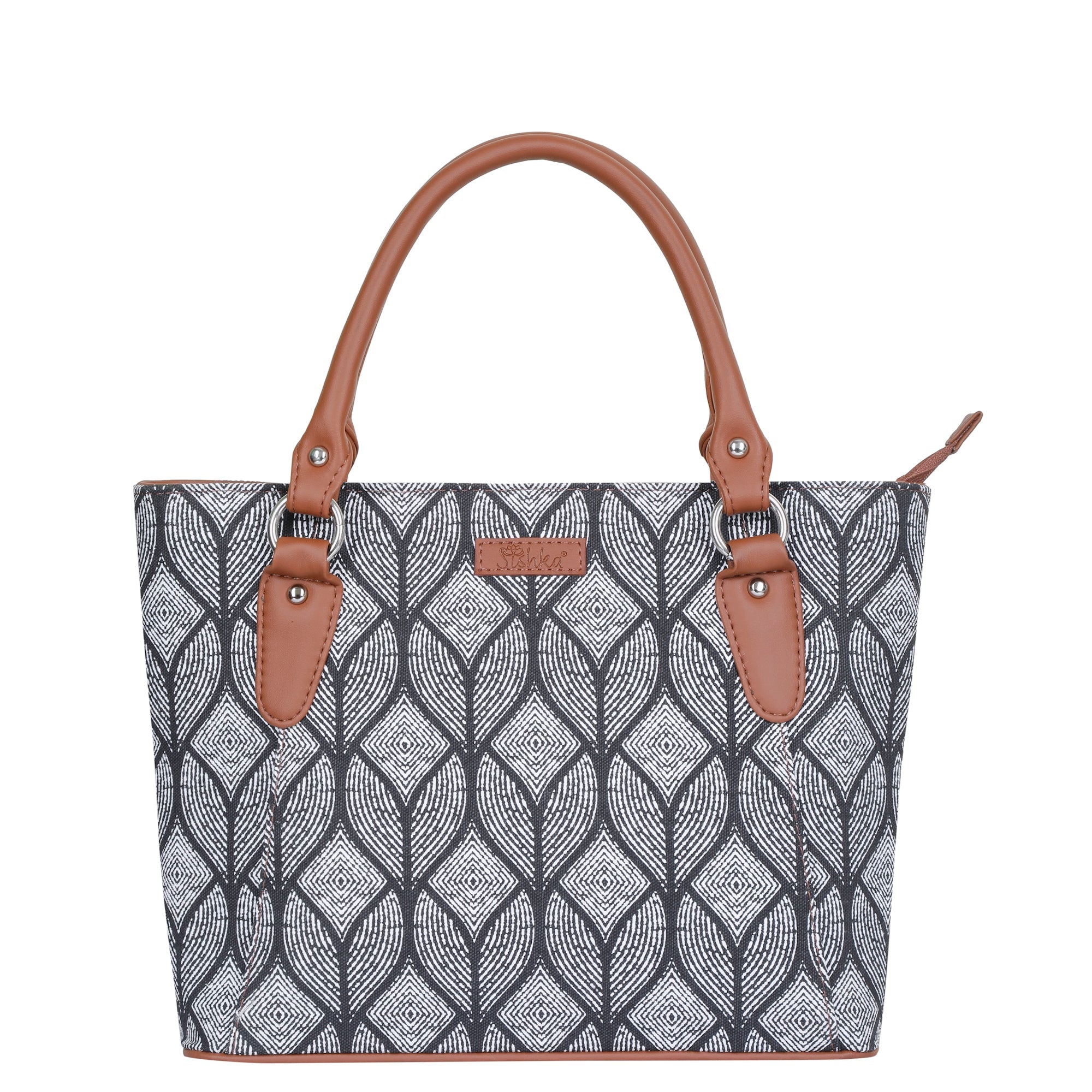 Monochrome Handcrafted Printed Tote Handbag – Elegant Women’s Shoulder & Office Satchel with Leather Handles