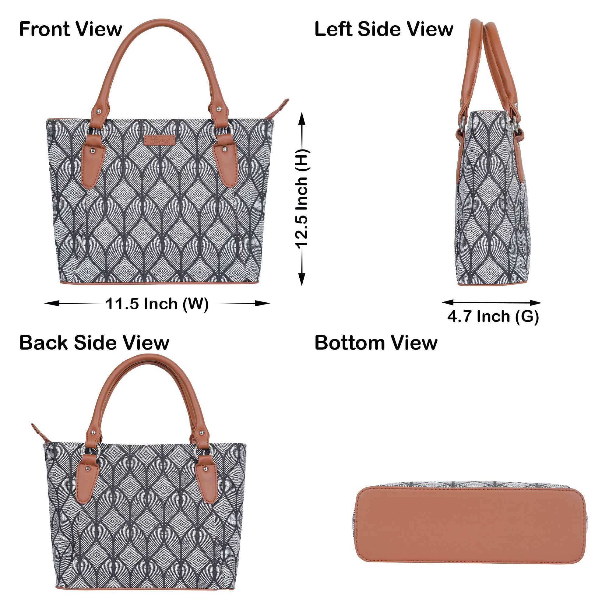 Monochrome Handcrafted Printed Tote Handbag – Elegant Women’s Shoulder & Office Satchel with Leather Handles