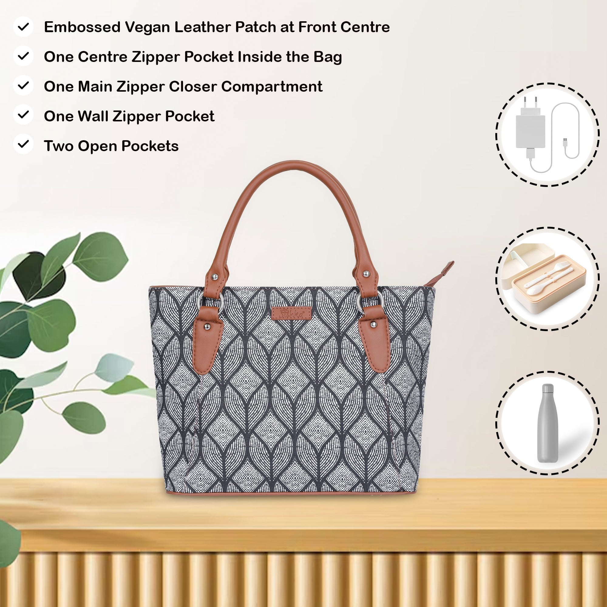 Monochrome Handcrafted Printed Tote Handbag – Elegant Women’s Shoulder & Office Satchel with Leather Handles