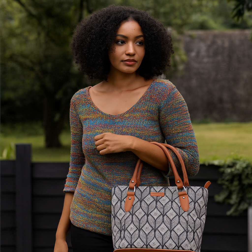 Monochrome Handcrafted Printed Tote Handbag – Elegant Women’s Shoulder & Office Satchel with Leather Handles
