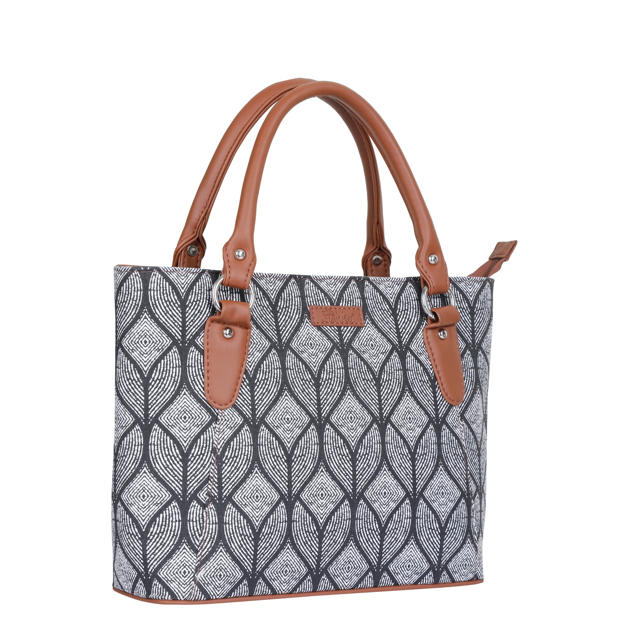 Monochrome Handcrafted Printed Tote Handbag – Elegant Women’s Shoulder & Office Satchel with Leather Handles