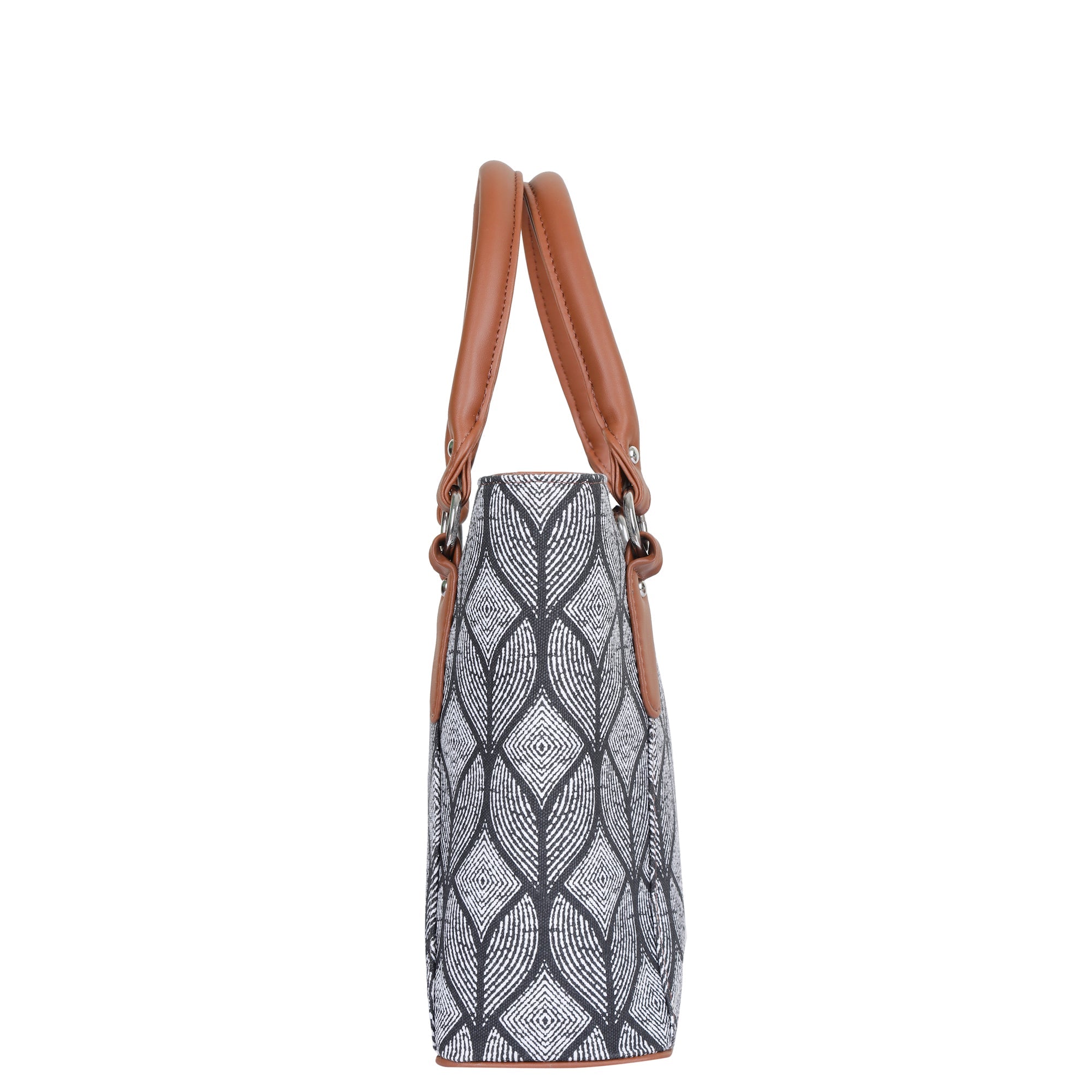 Monochrome Handcrafted Printed Tote Handbag – Elegant Women’s Shoulder & Office Satchel with Leather Handles