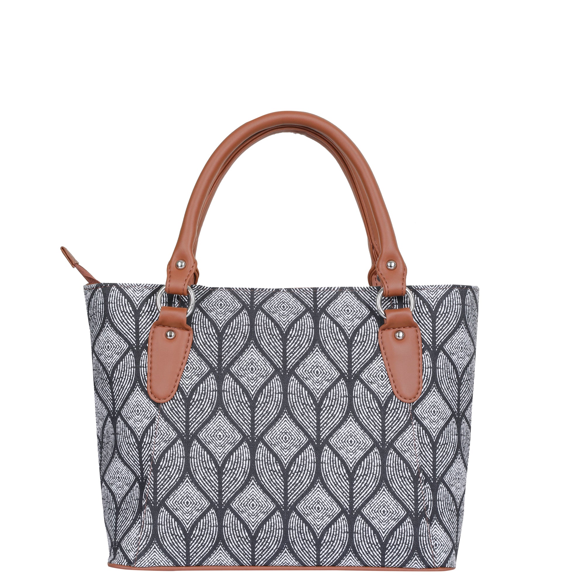 Monochrome Handcrafted Printed Tote Handbag – Elegant Women’s Shoulder & Office Satchel with Leather Handles