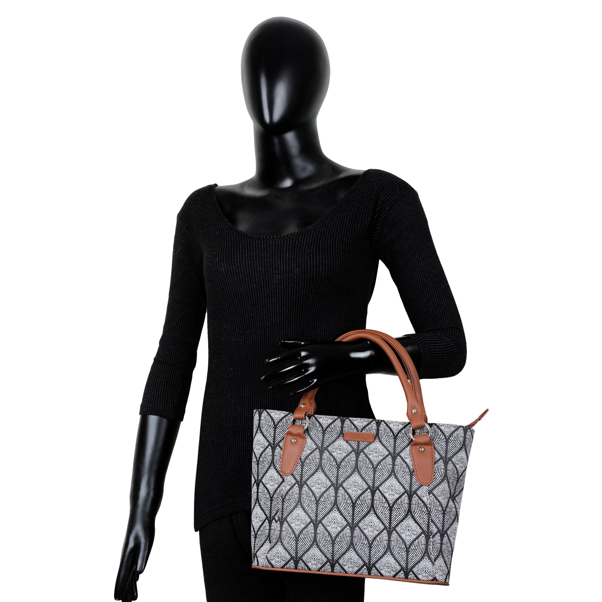 Monochrome Handcrafted Printed Tote Handbag – Elegant Women’s Shoulder & Office Satchel with Leather Handles
