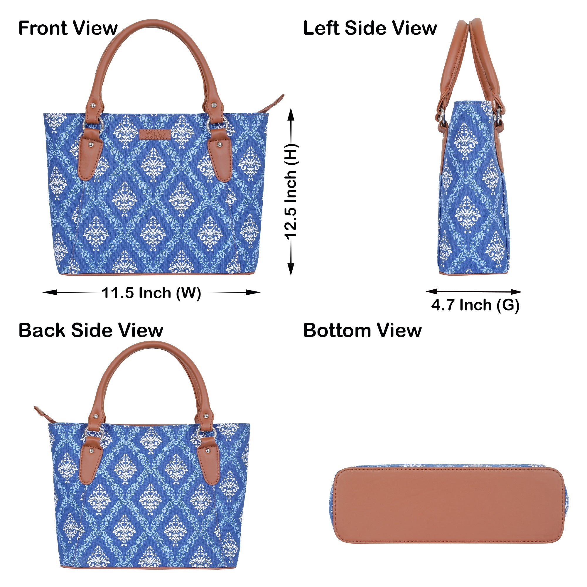 Blue Handcrafted Printed Tote Handbag – Women’s Shoulder Purse with Leather Handles