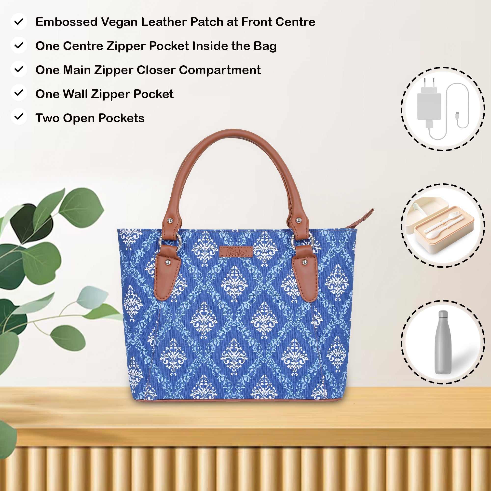Blue Handcrafted Printed Tote Handbag – Women’s Shoulder Purse with Leather Handles