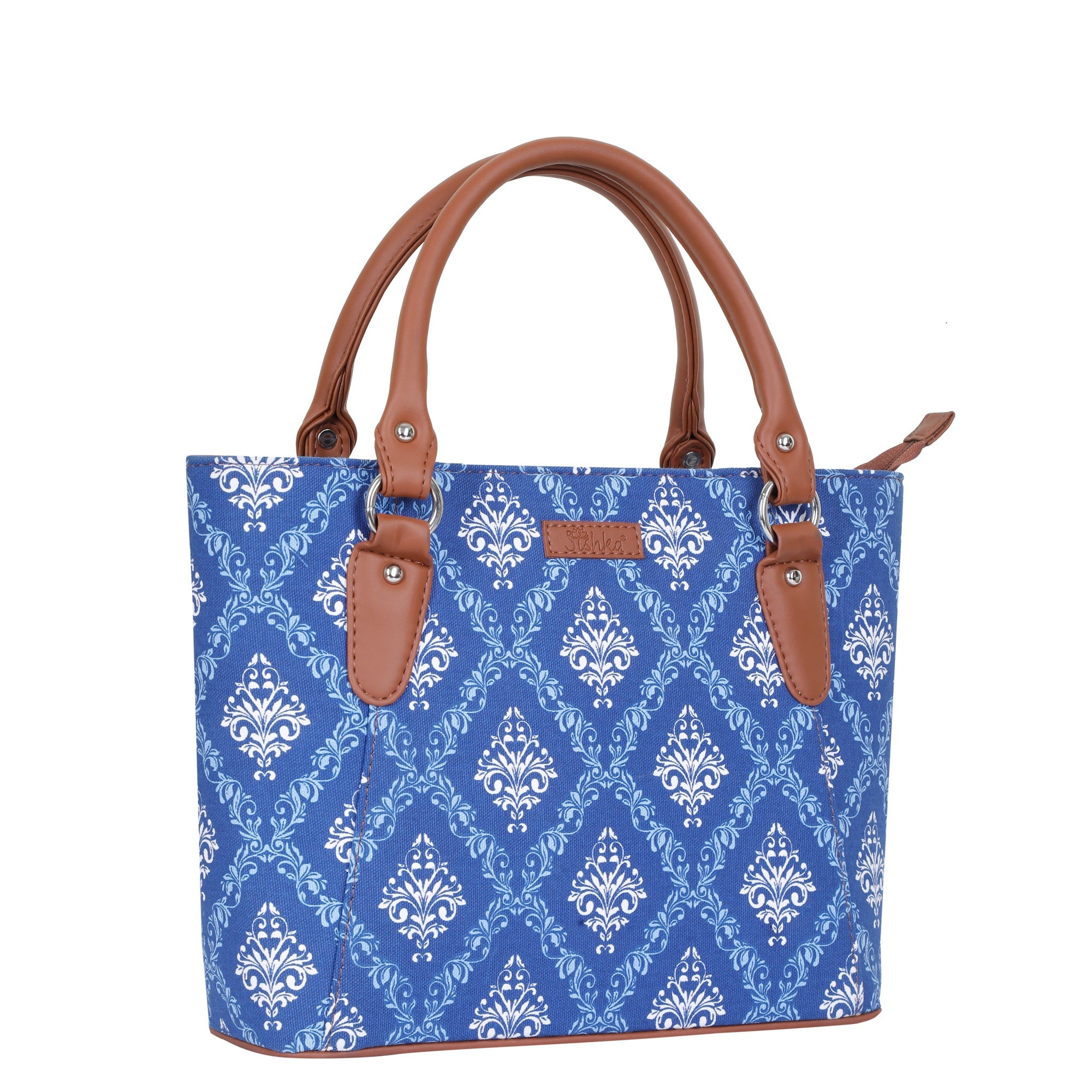Blue Handcrafted Printed Tote Handbag – Women’s Shoulder Purse with Leather Handles