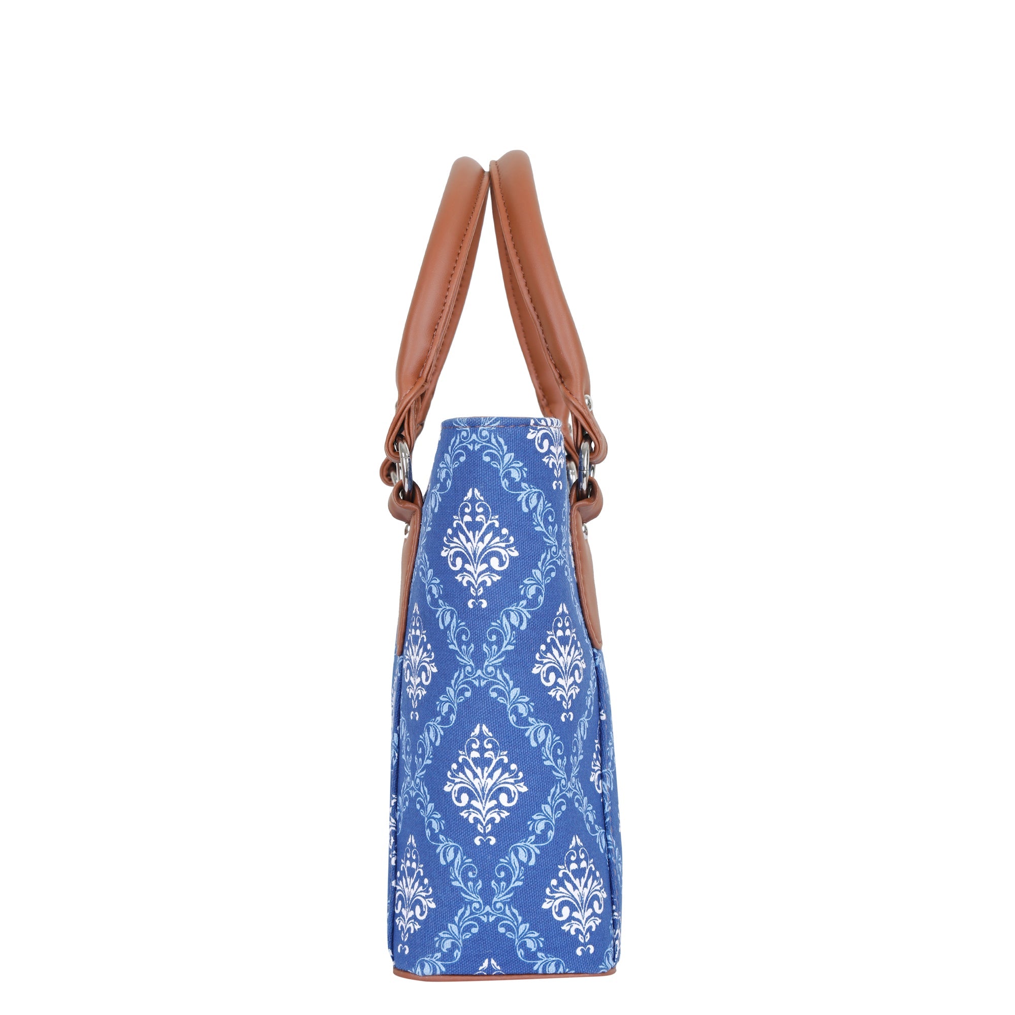 Blue Handcrafted Printed Tote Handbag – Women’s Shoulder Purse with Leather Handles