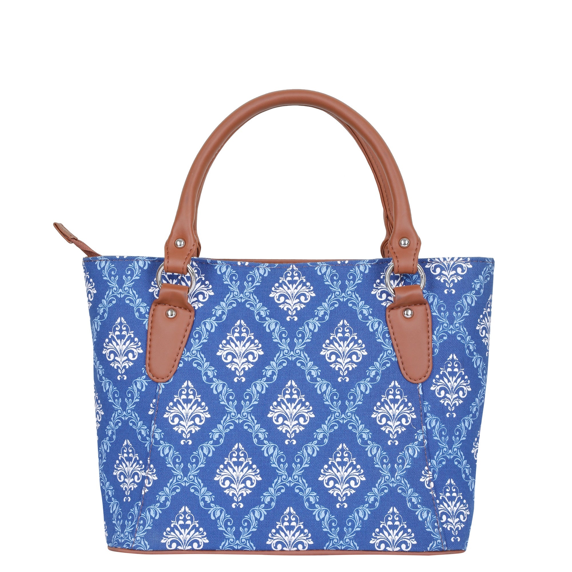 Blue Handcrafted Printed Tote Handbag – Women’s Shoulder Purse with Leather Handles