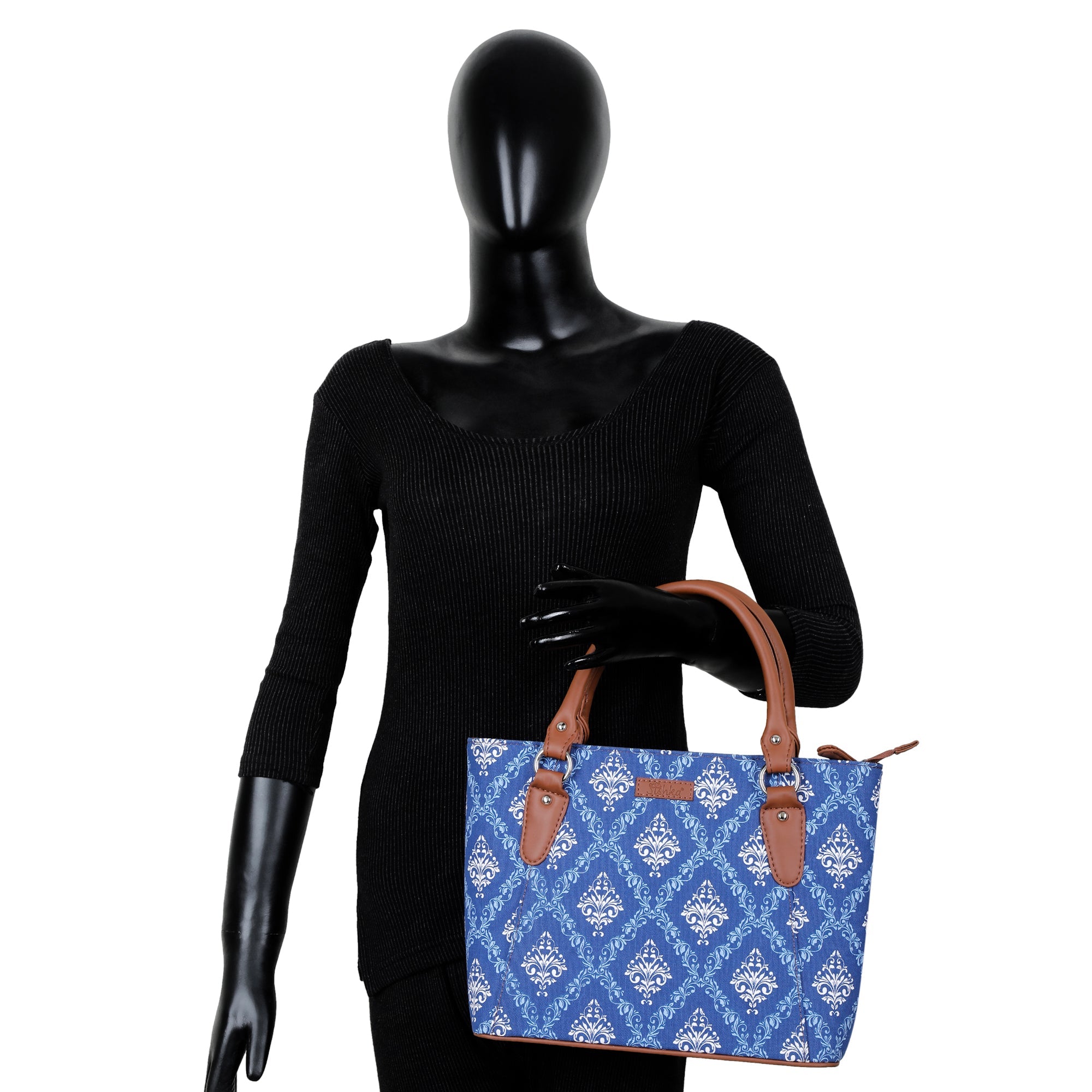 Blue Handcrafted Printed Tote Handbag – Women’s Shoulder Purse with Leather Handles