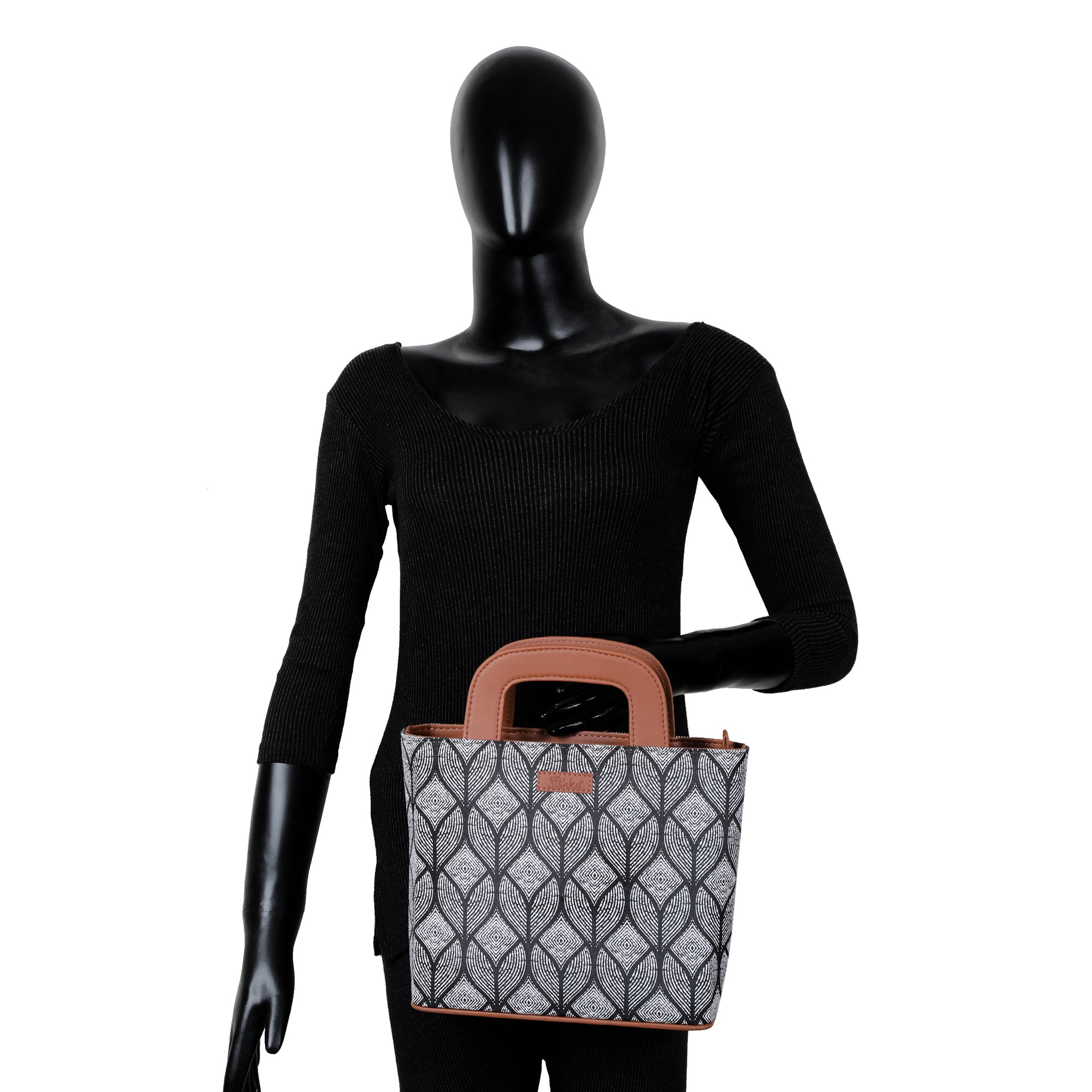 Monochrome Handcrafted Top Handle Handbag – Women’s Printed Satchel Tote for Work & Travel