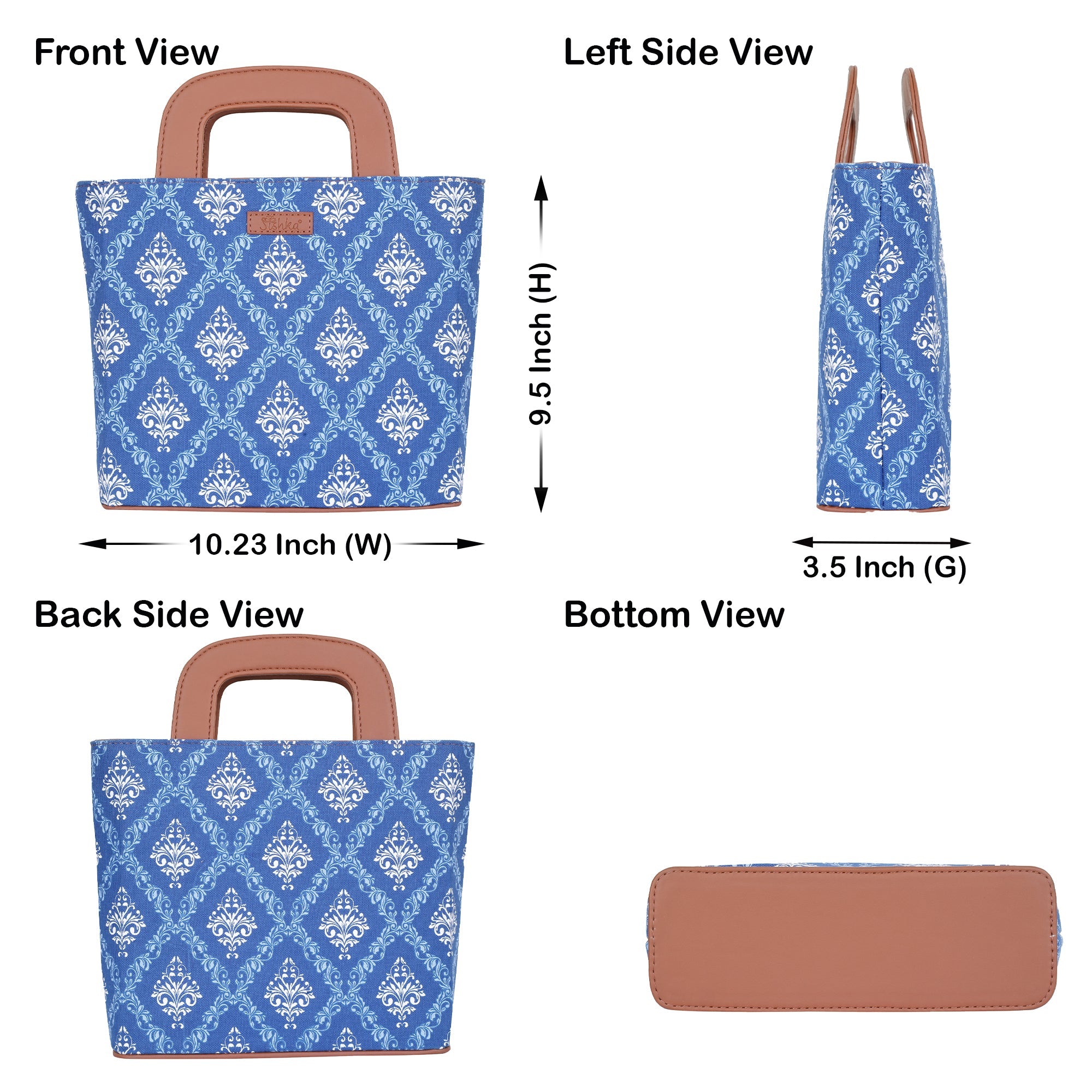 Blue Handcrafted Printed Handbag – Women’s Top Handle Tote Satchel with Leather Trim