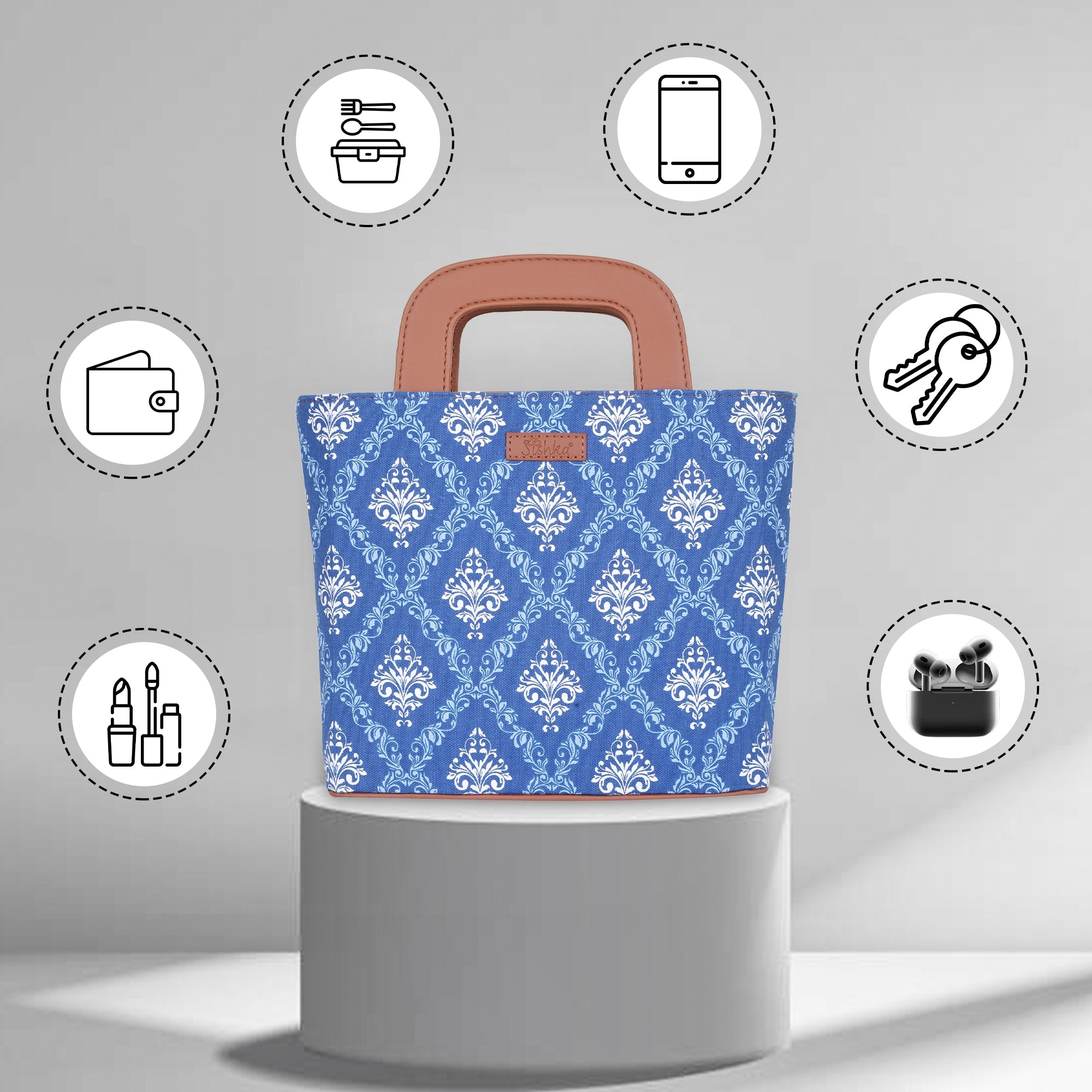Blue Handcrafted Printed Handbag – Women’s Top Handle Tote Satchel with Leather Trim