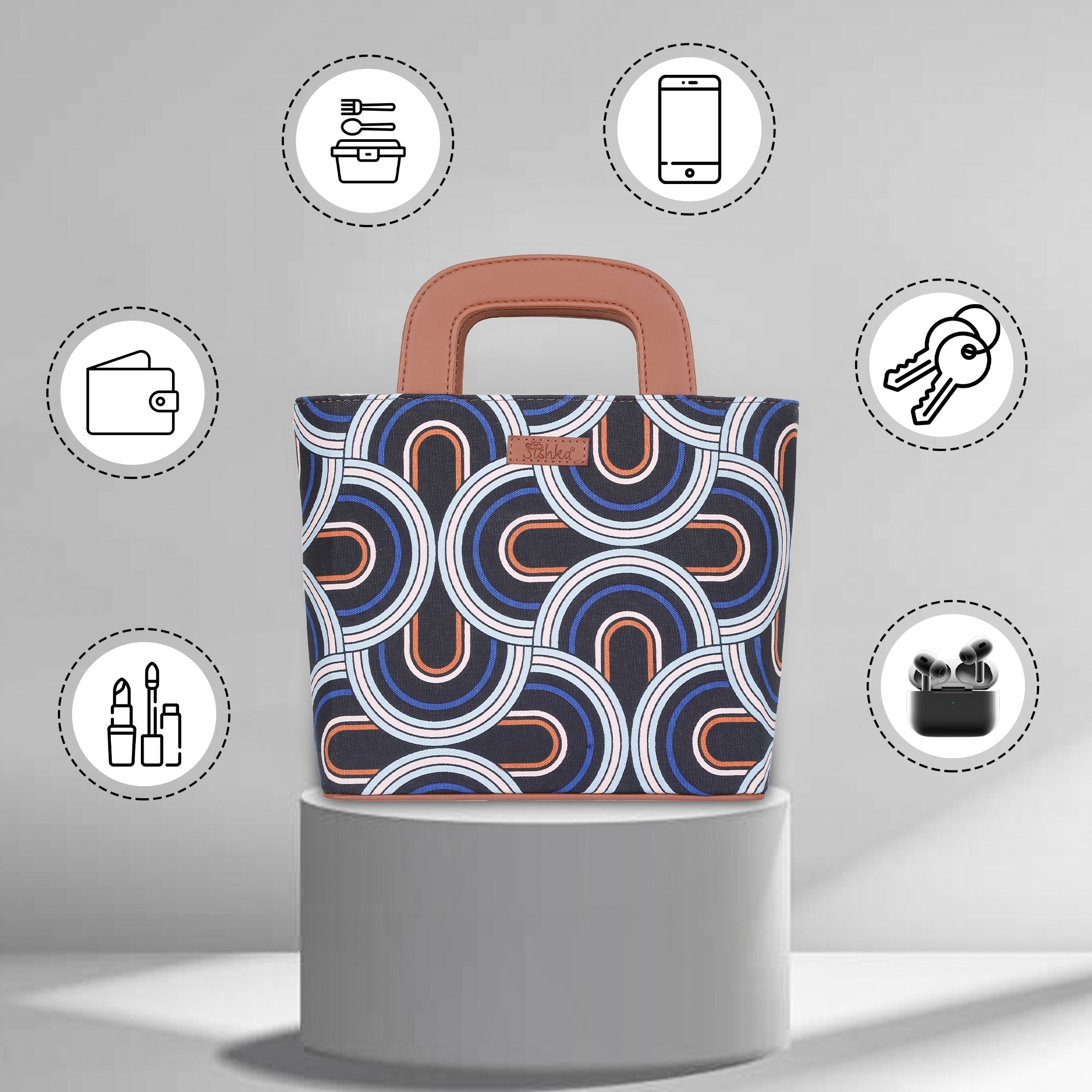 Abstract Printed Handbag – Handcrafted Women’s Top Handle Tote with Leather Trim