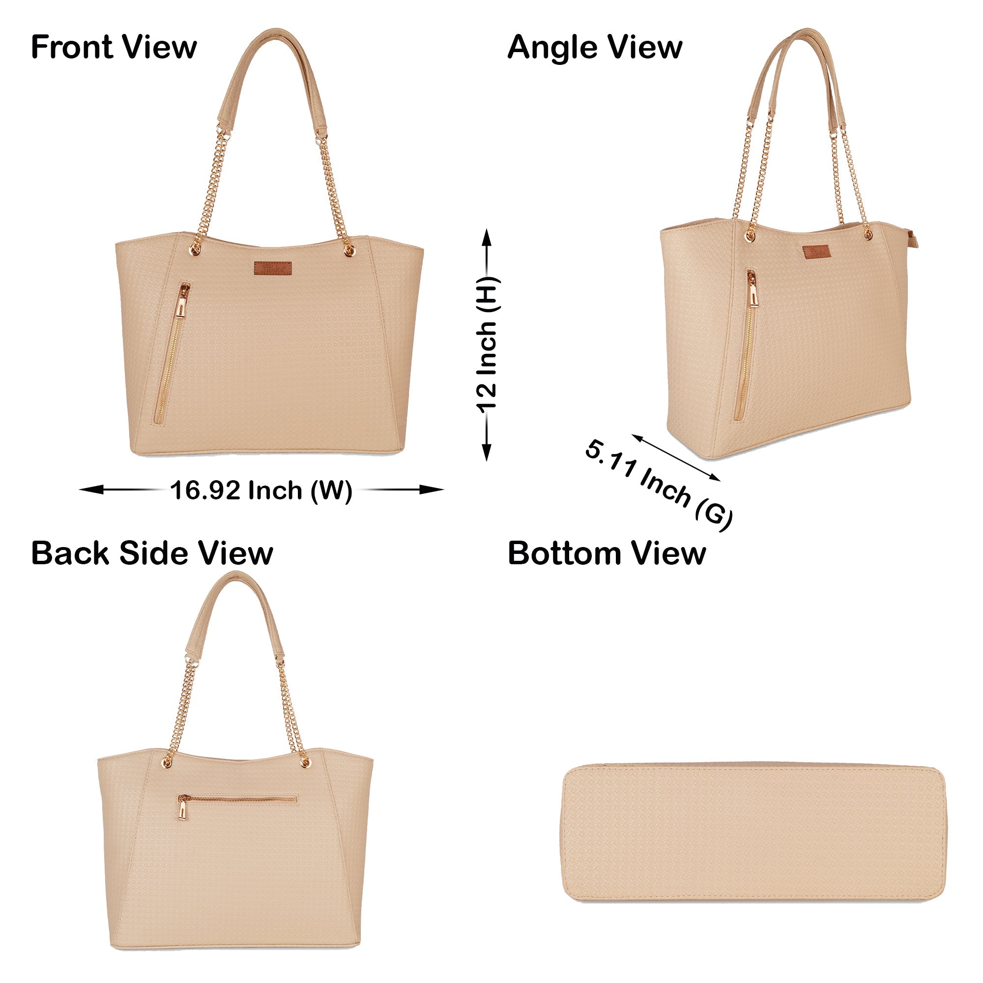 Beige Vegan Leather Satchel Handbag – Women’s Tote & Shoulder Bag with Chain Handles