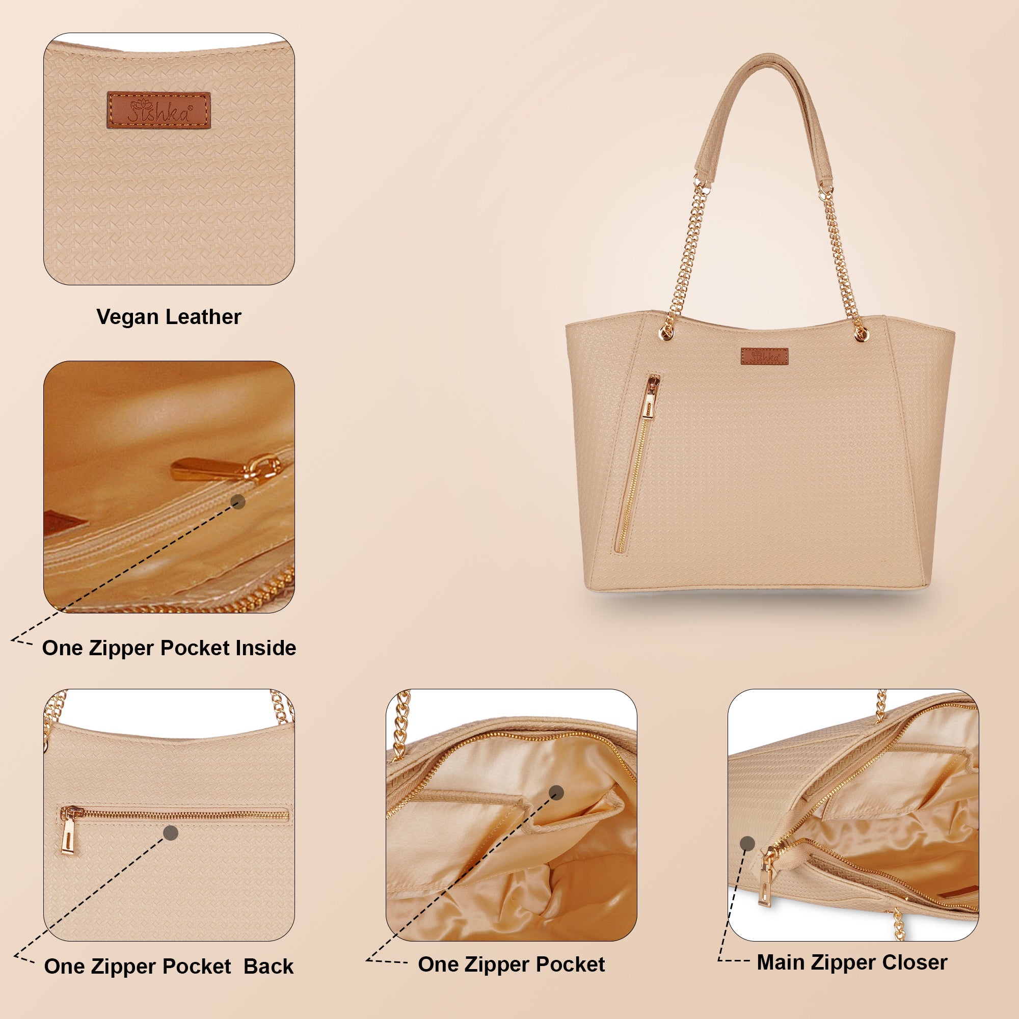 Beige Vegan Leather Satchel Handbag – Women’s Tote & Shoulder Bag with Chain Handles