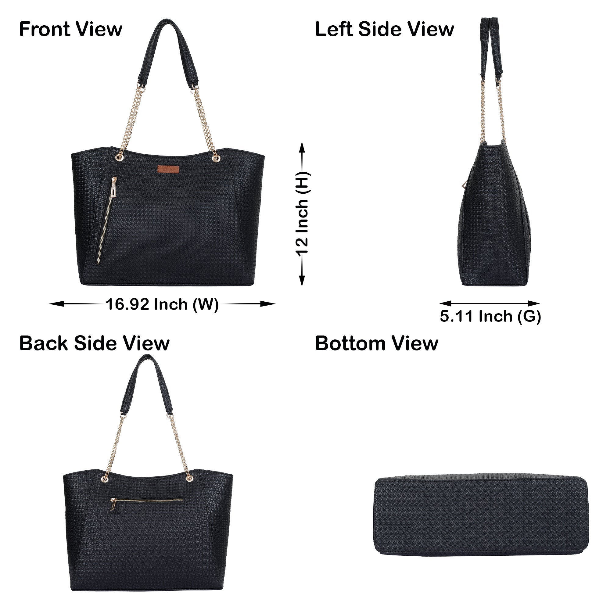 Black Vegan Leather Satchel Bag – Women’s Tote Handbag with Chain Handles