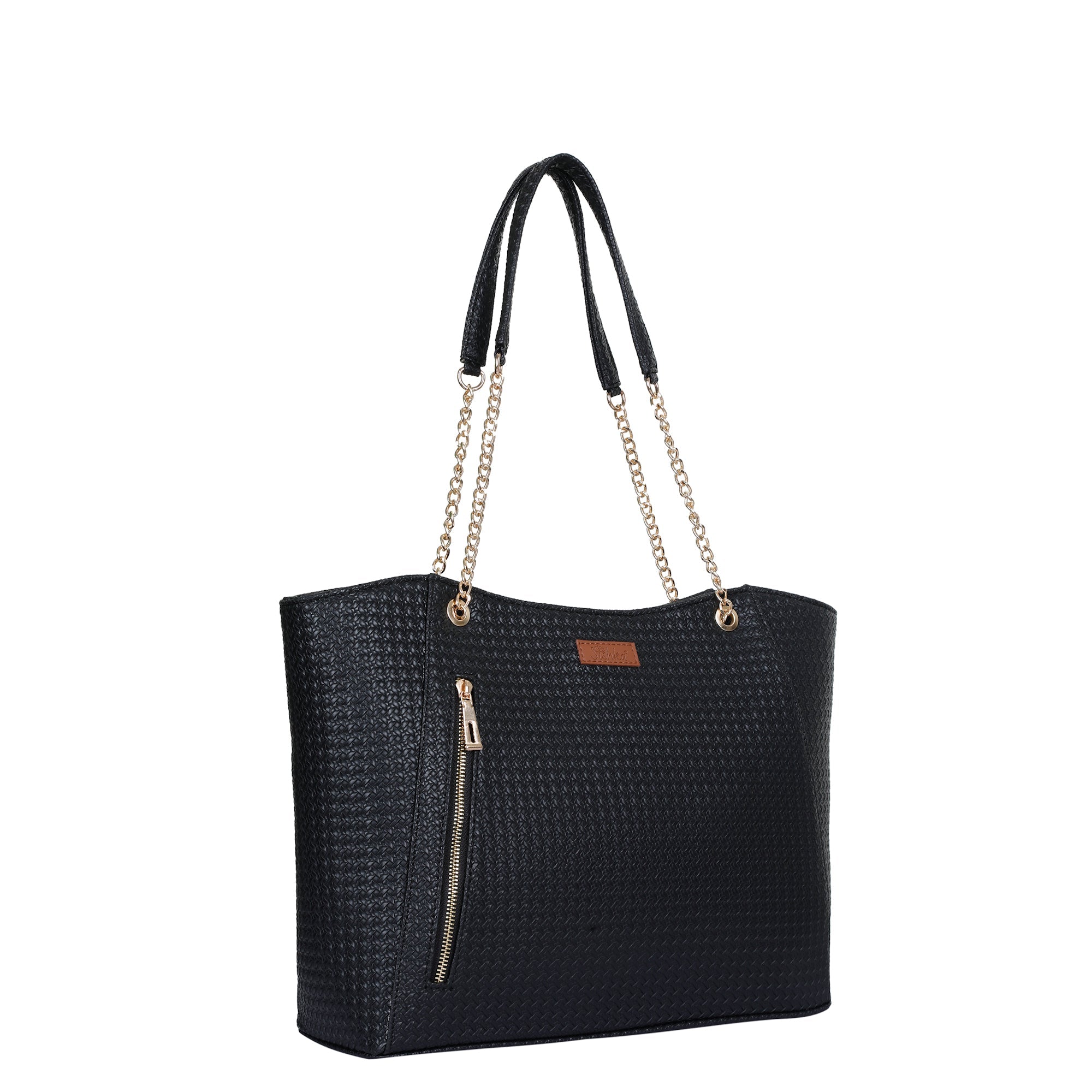 Black Vegan Leather Satchel Bag – Women’s Tote Handbag with Chain Handles