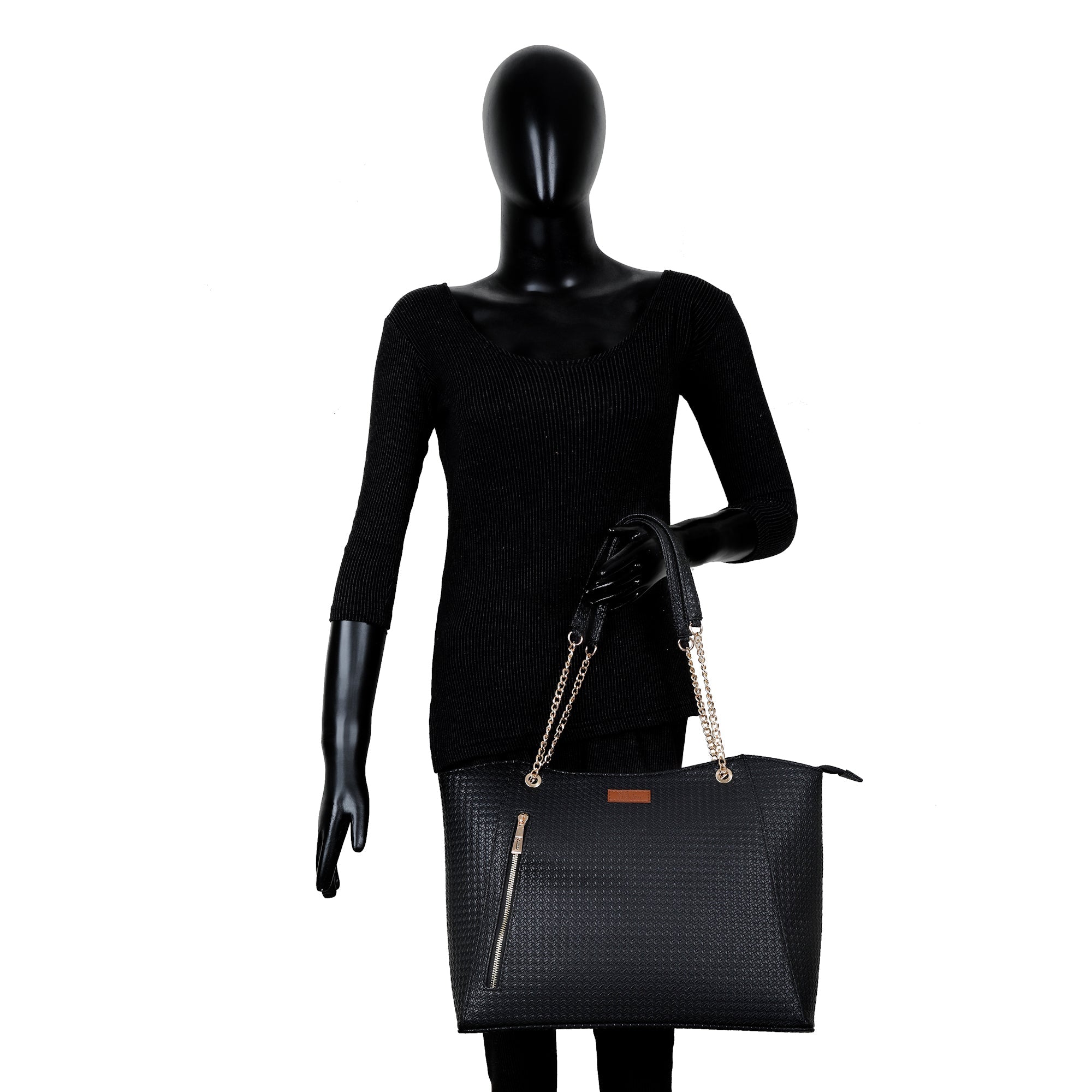 Black Vegan Leather Satchel Bag – Women’s Tote Handbag with Chain Handles