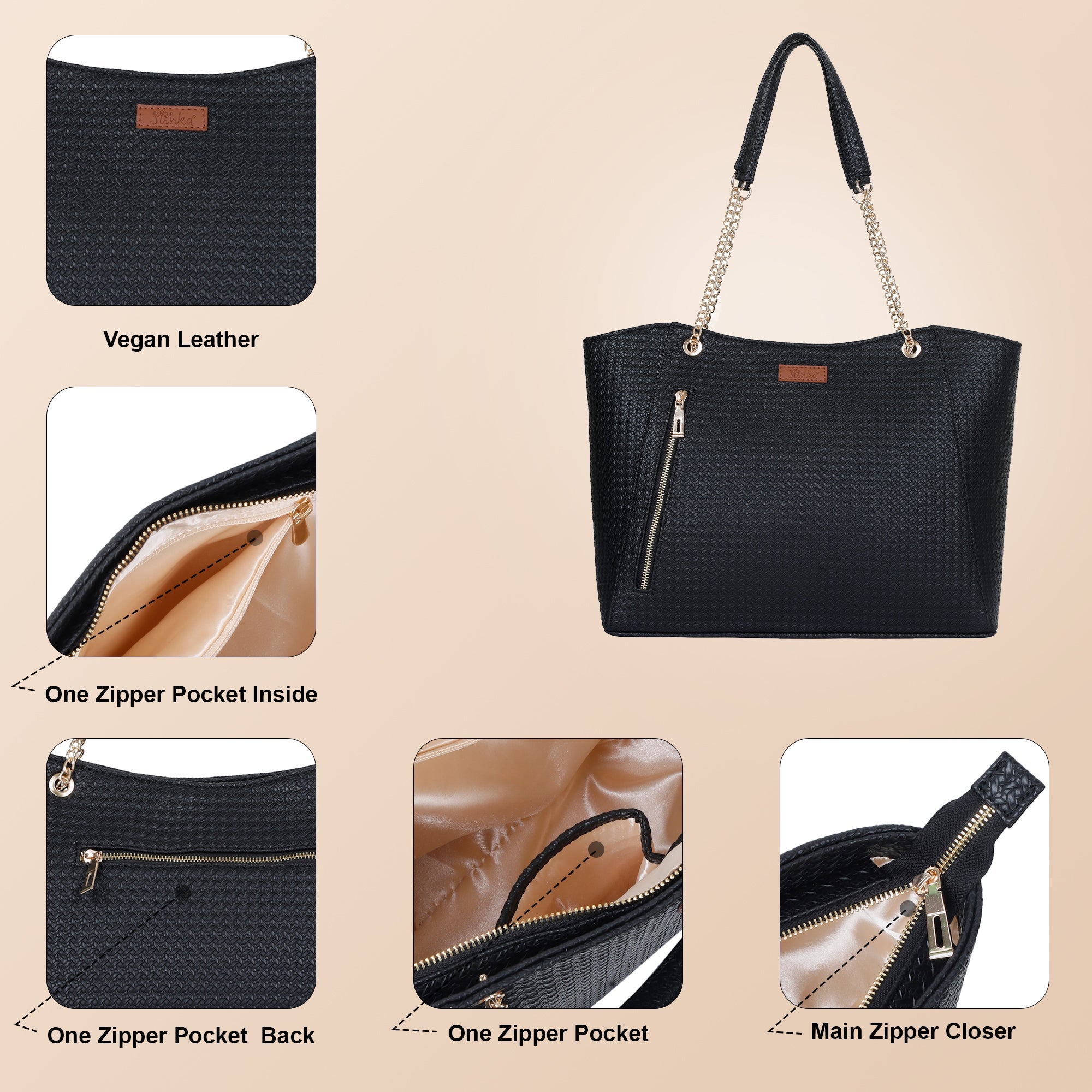 Black Vegan Leather Satchel Bag – Women’s Tote Handbag with Chain Handles