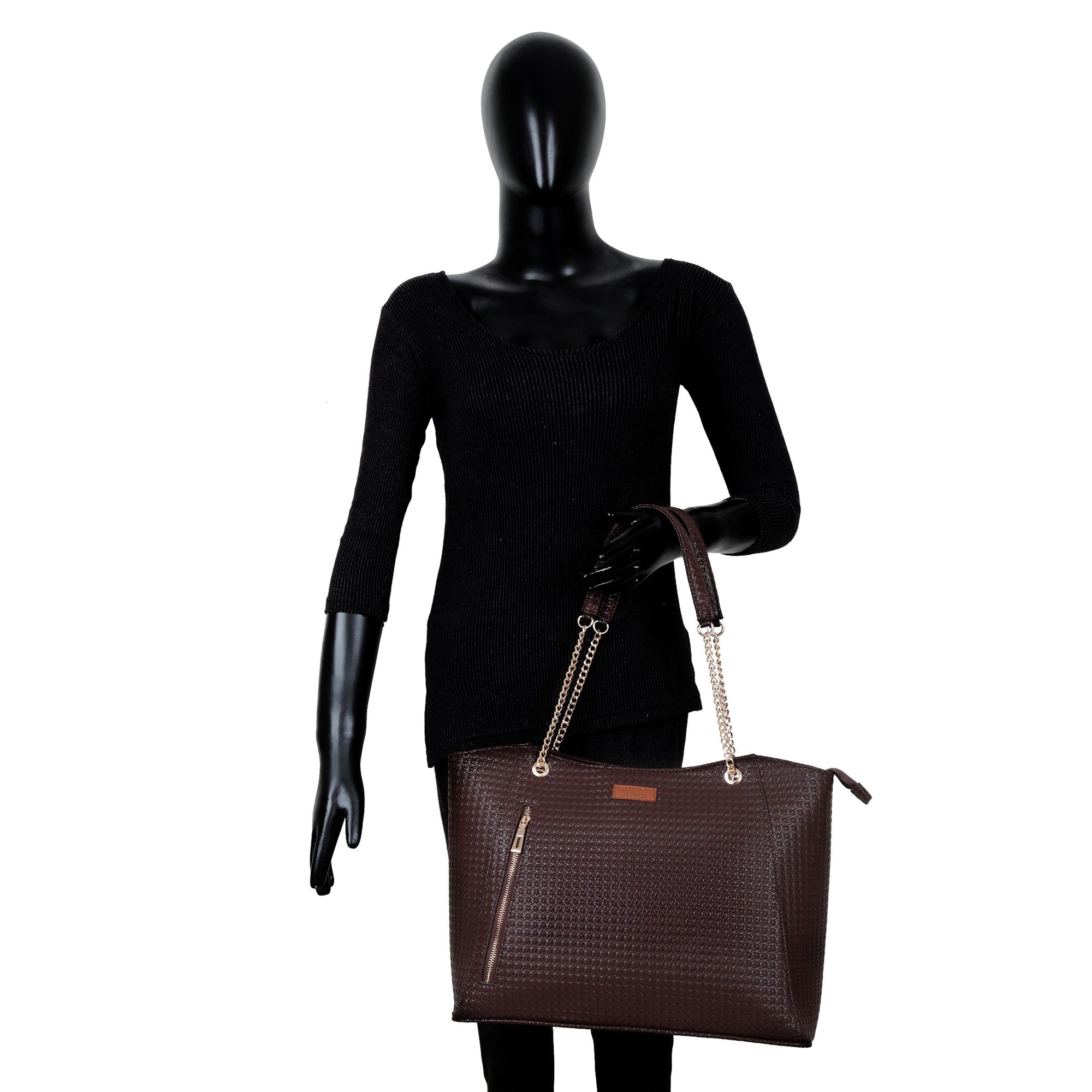 Brown Vegan Leather Satchel Bag – Women’s Tote Handbag with Chain Handles