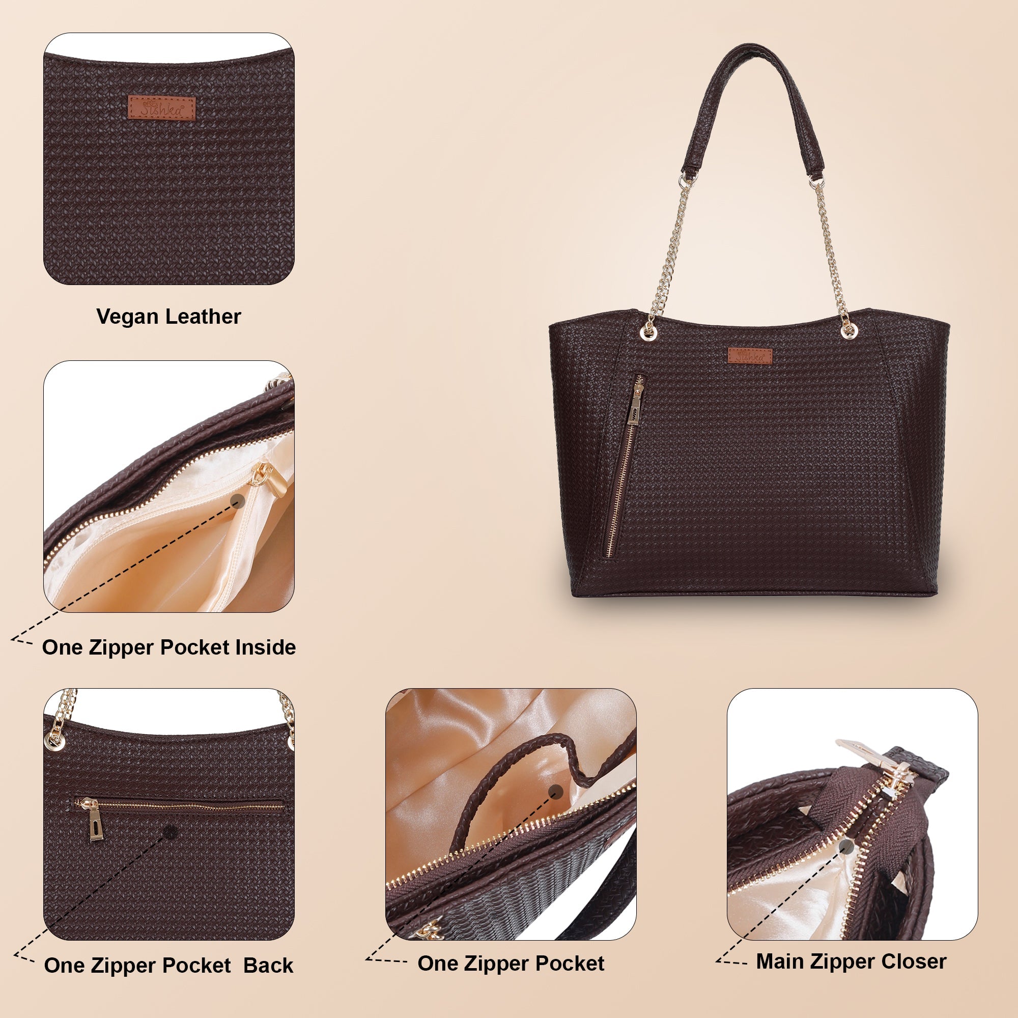 Brown Vegan Leather Satchel Bag – Women’s Tote Handbag with Chain Handles