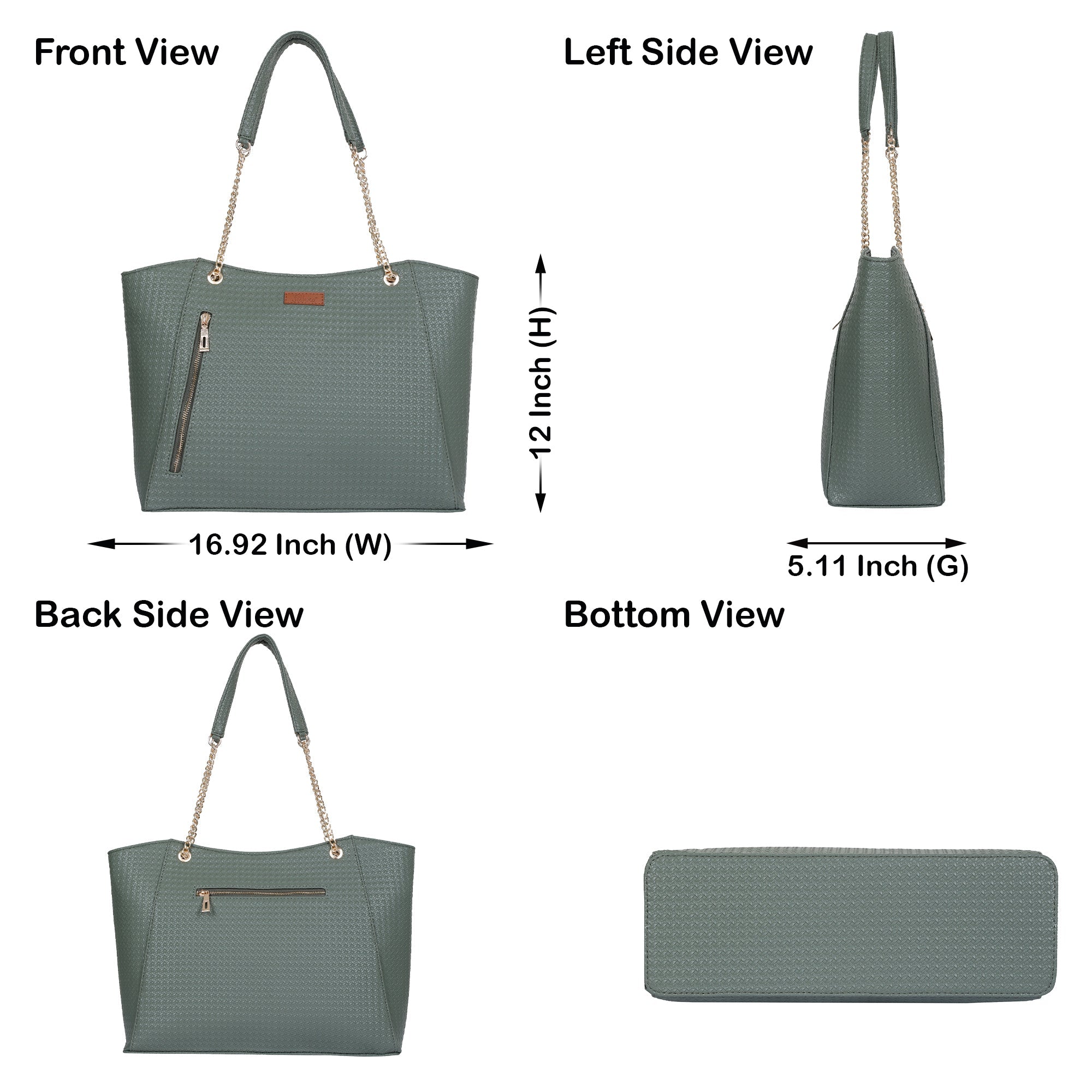 Green Vegan Leather Satchel Bag – Women’s Tote Handbag with Chain Handles