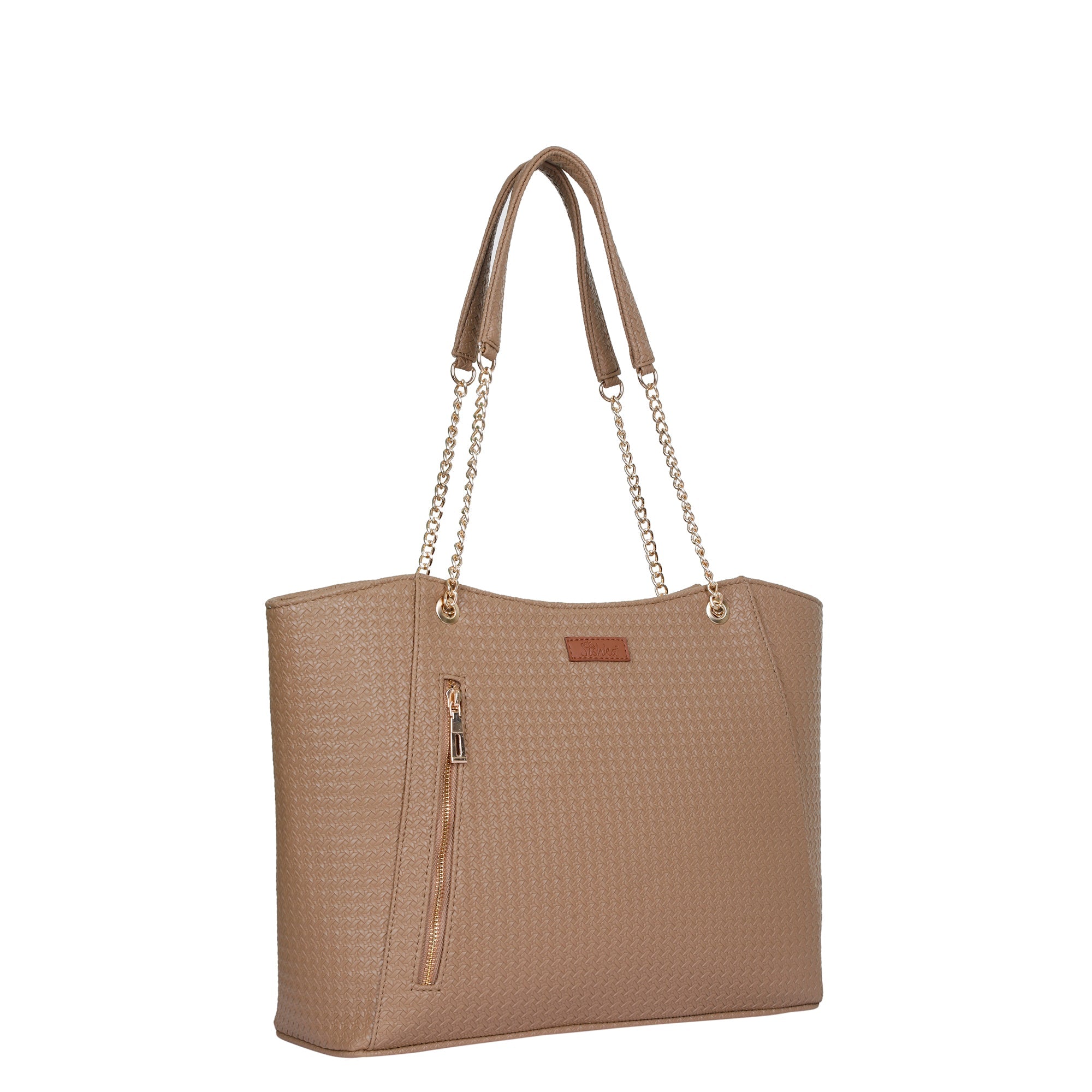 Taupe Vegan Leather Satchel Bag – Women’s Tote Handbag with Chain Handles