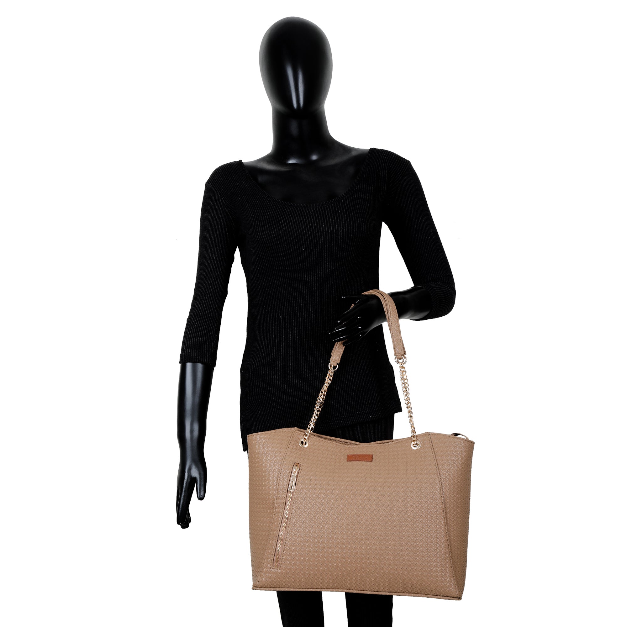 Taupe Vegan Leather Satchel Bag – Women’s Tote Handbag with Chain Handles