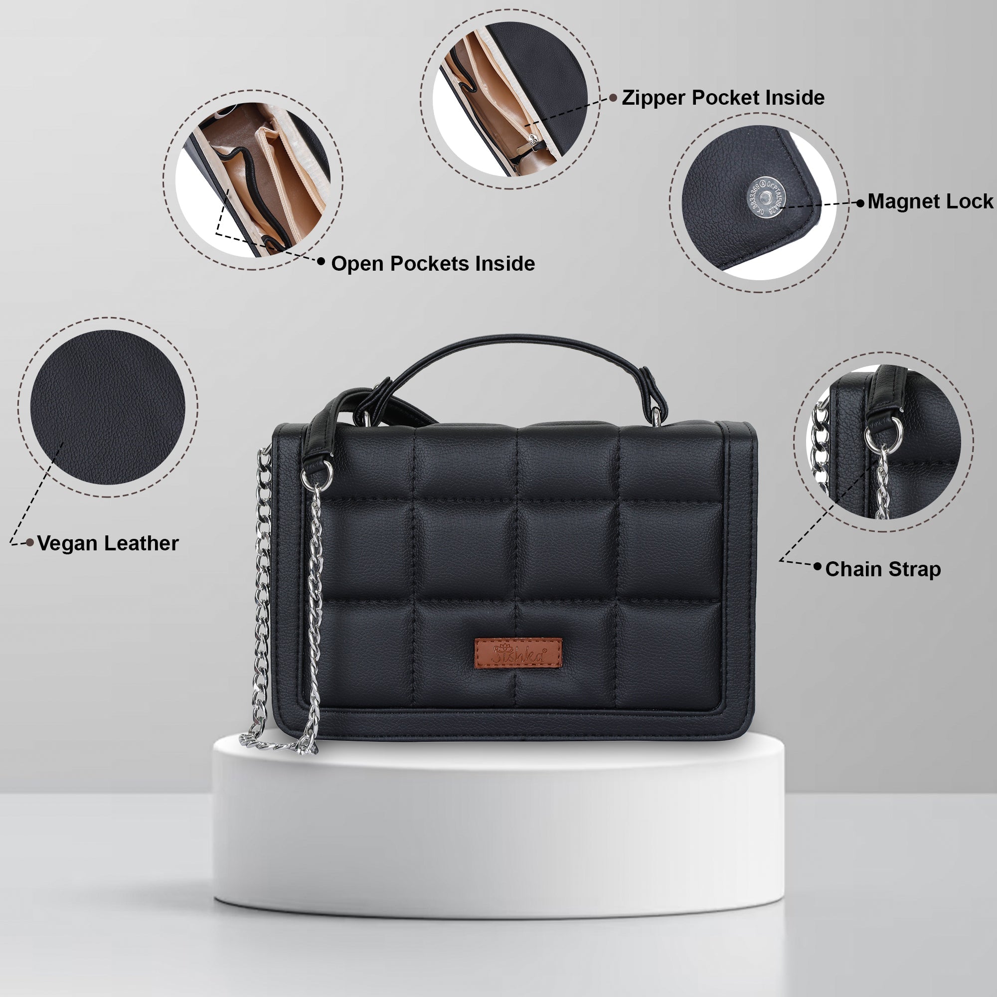 Black Faux Leather Crossbody Sling Bag – Women’s Chain Strap Shoulder Handbag