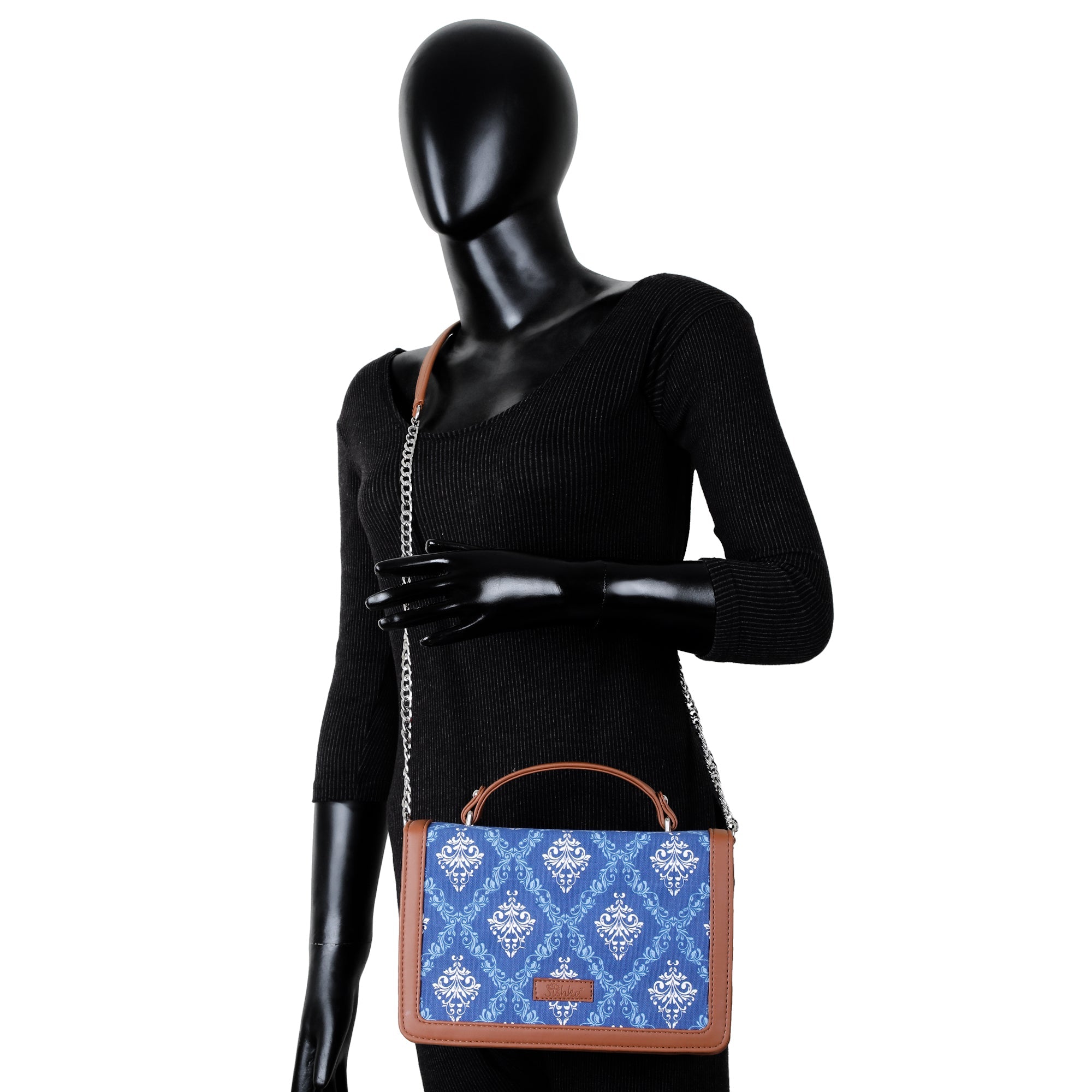 Handcrafted Blue Damask Print Crossbody Sling Bag – Women’s Fabric Purse with Chain Strap