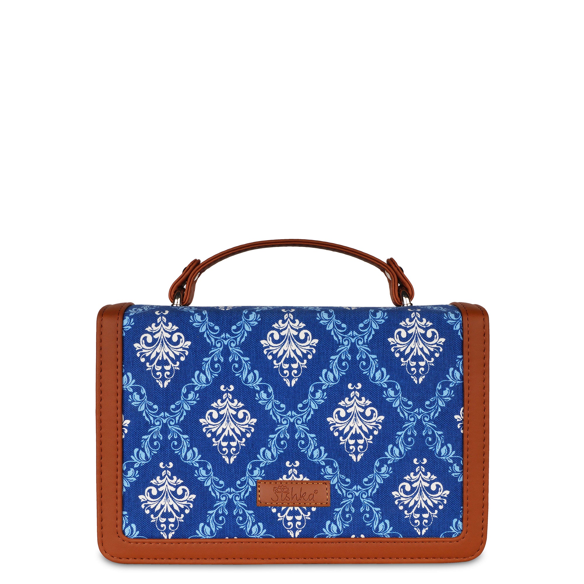 Handcrafted Blue Damask Print Crossbody Sling Bag – Women’s Fabric Purse with Chain Strap
