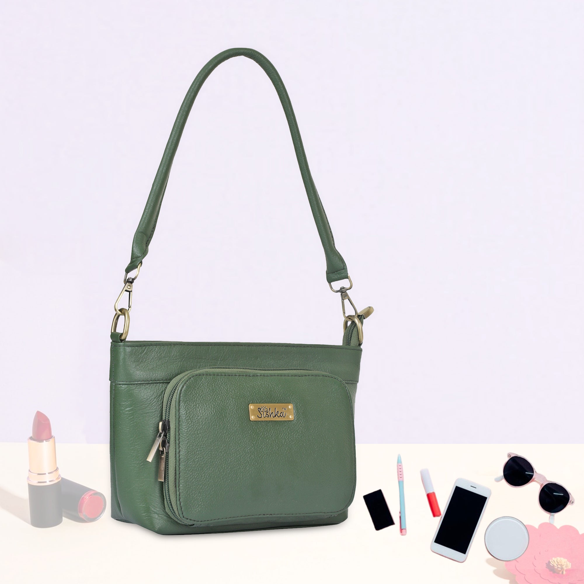 Olive Genuine Leather Shoulder Handbag – Women’s Tote with Front Pocket