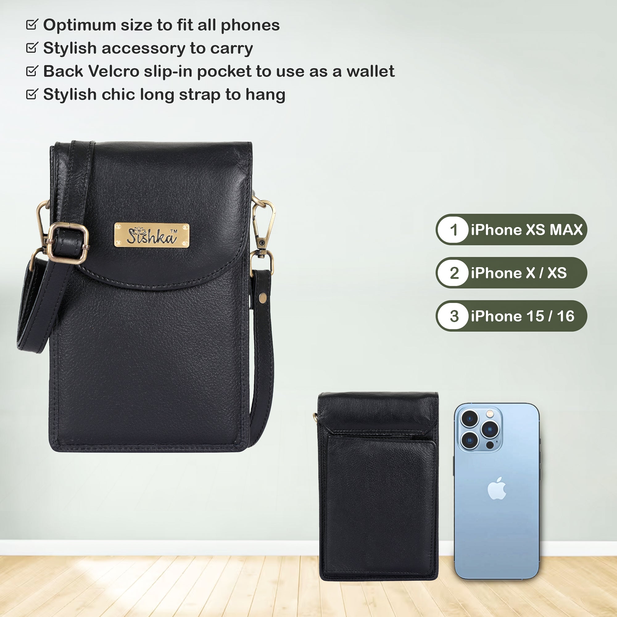 Black Genuine Leather Mobile Crossbody Bag – Women’s Phone Purse