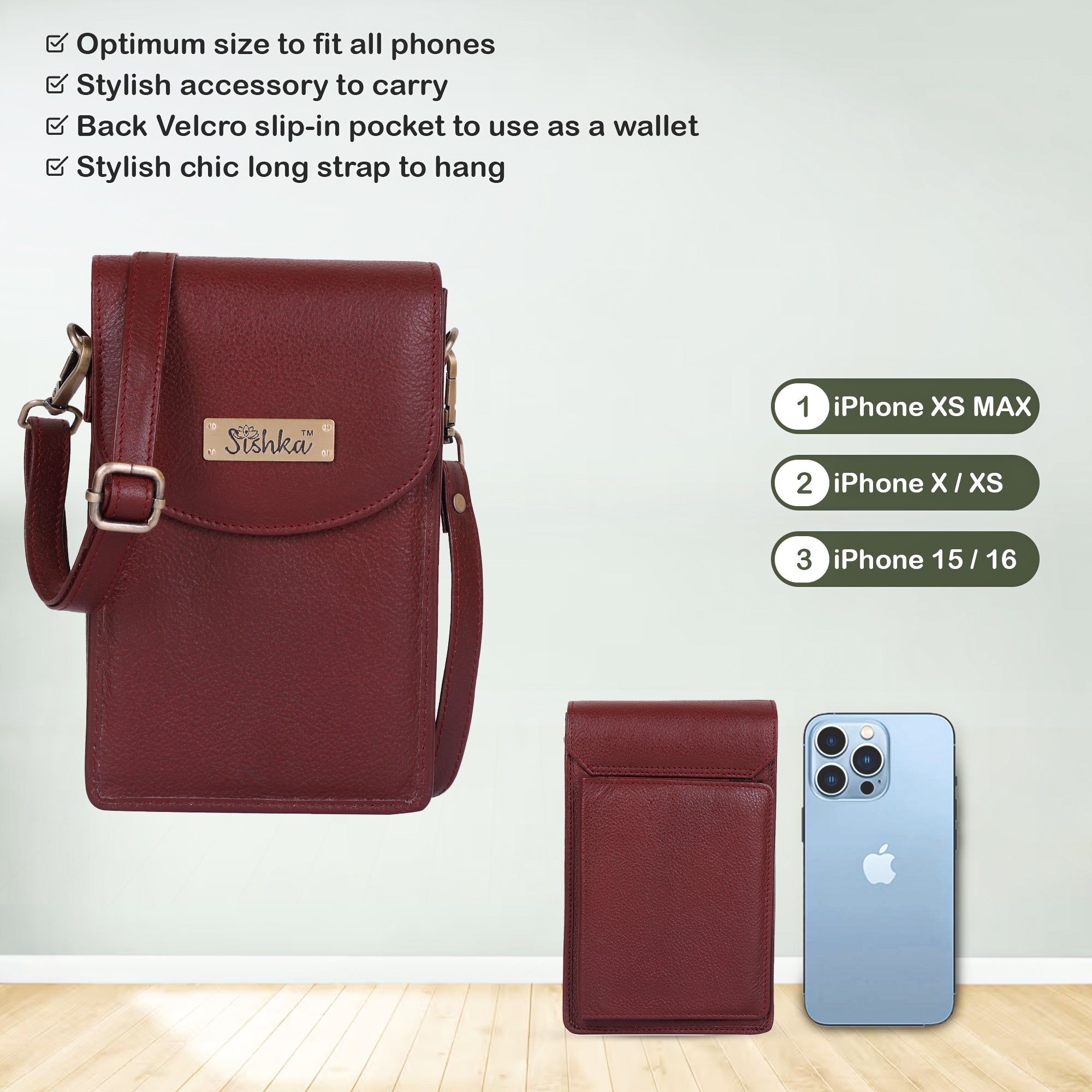 Cherry Red Genuine Leather Mobile Crossbody Bag – Women’s Phone Purse