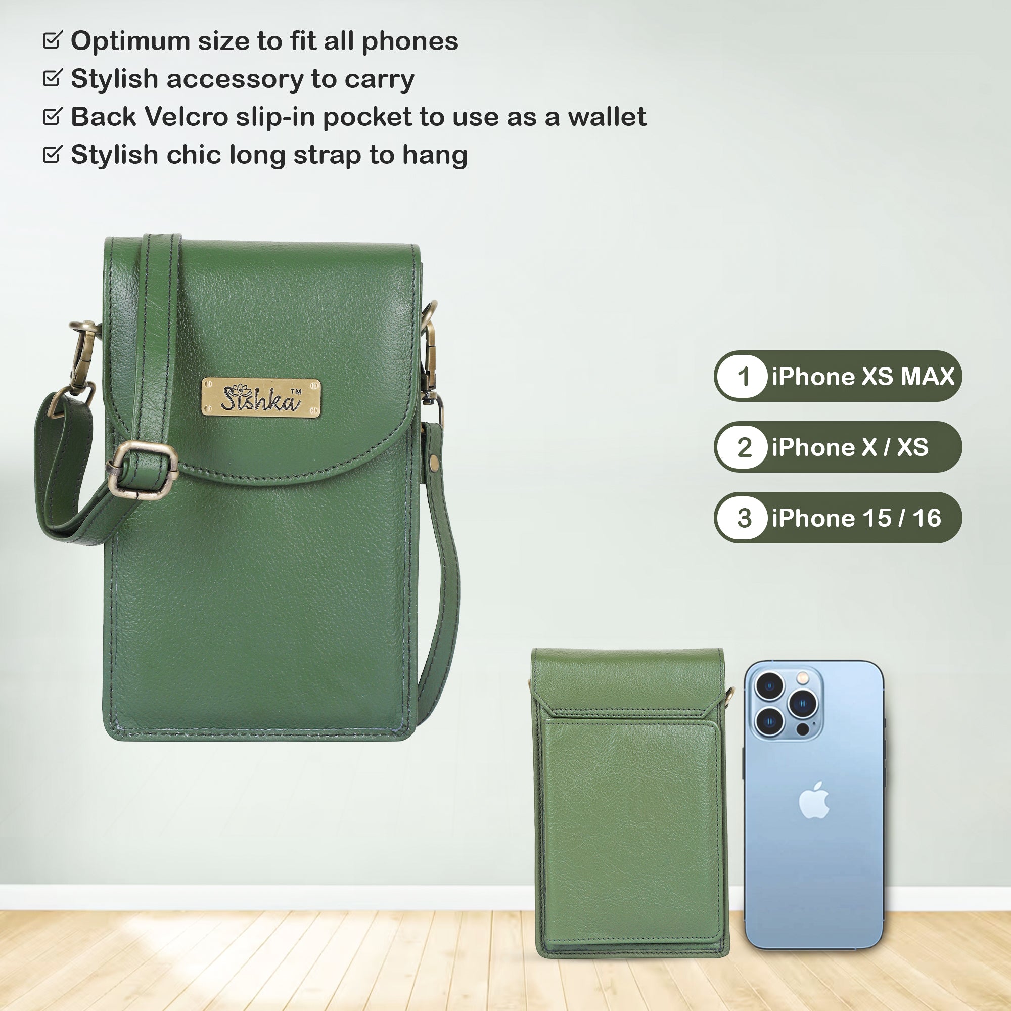 Olive Genuine Leather Mobile Crossbody Bag – Women’s Phone Purse