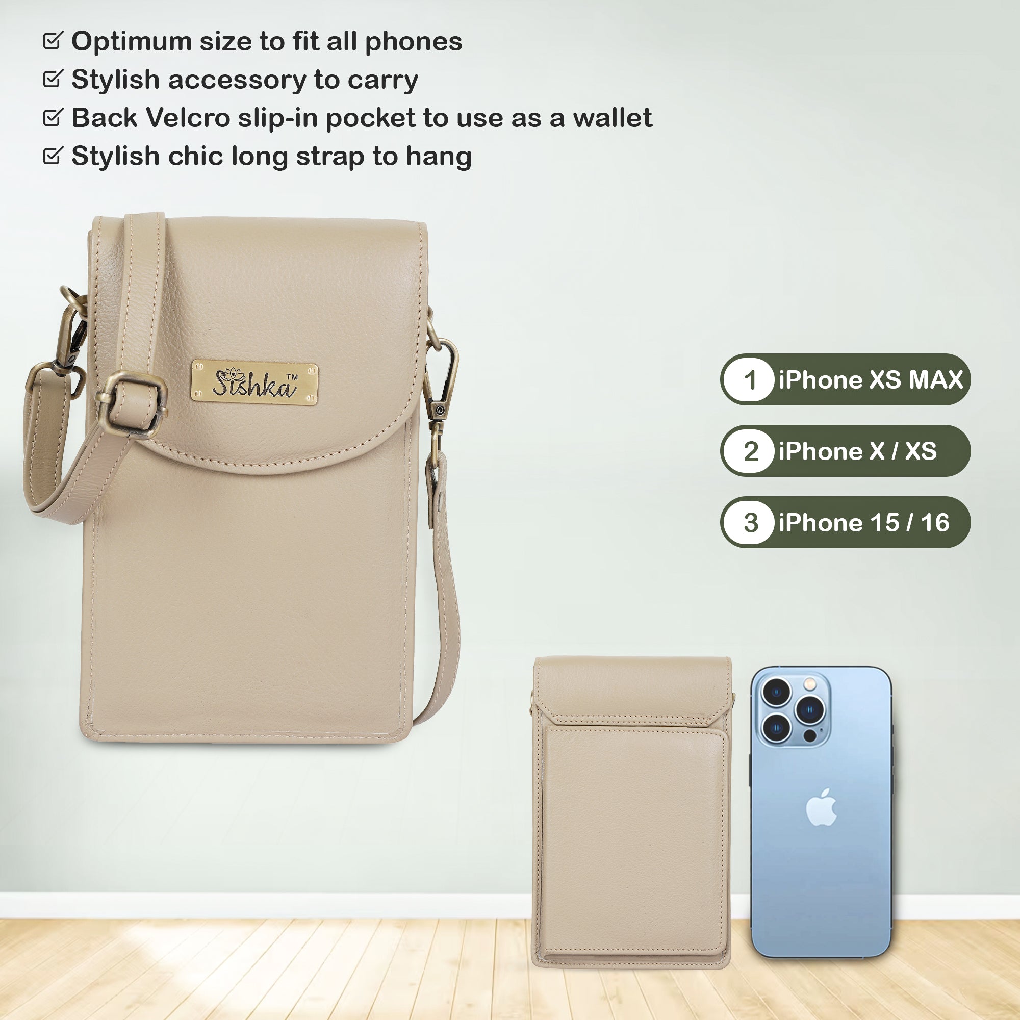 Taupe Genuine Leather Mobile Crossbody Bag – Women’s Phone Purse