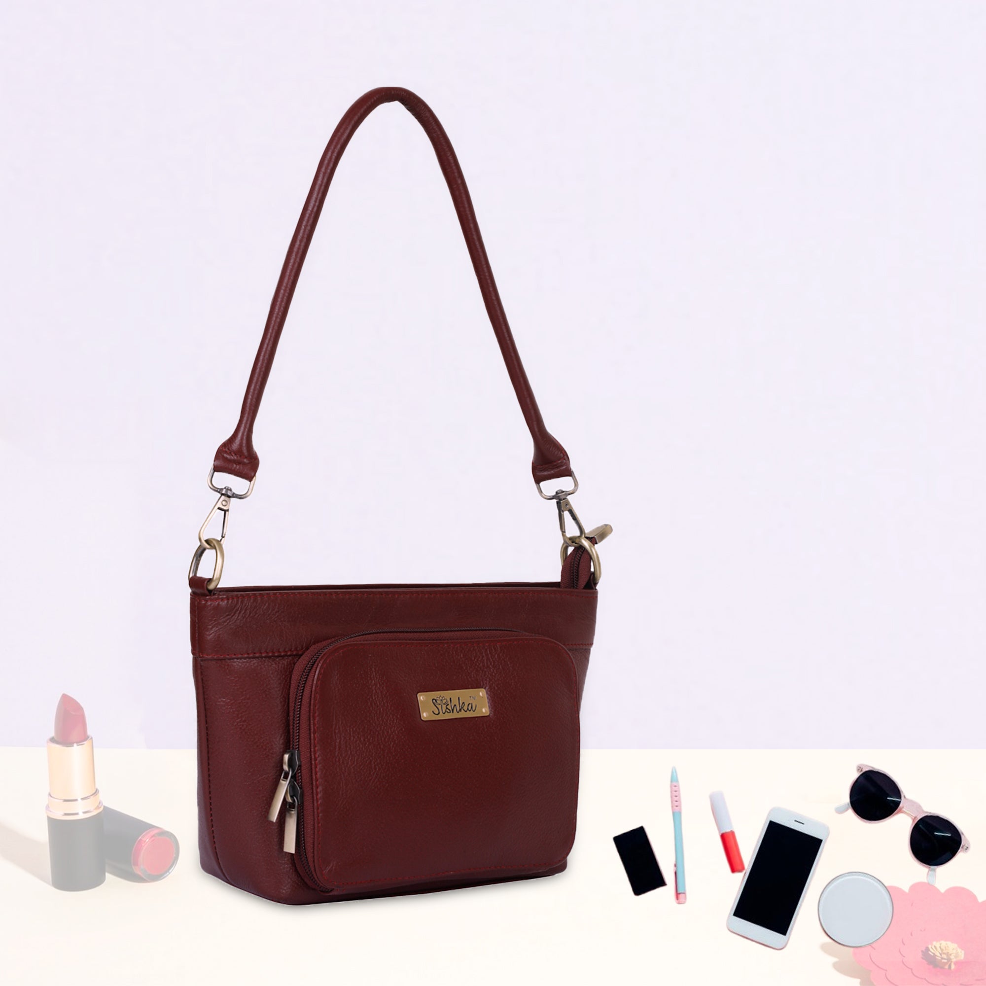 Cherry Red Genuine Leather Shoulder Handbag – Women’s Tote with Front Pocket