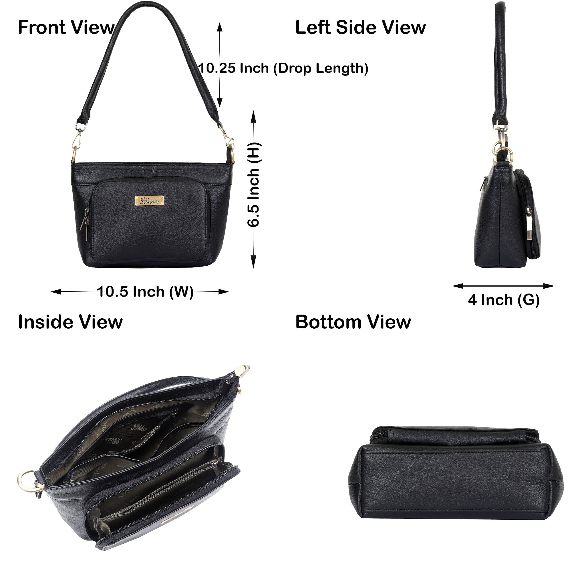 Black Genuine Leather Shoulder Handbag – Women’s Tote with Front Pocket